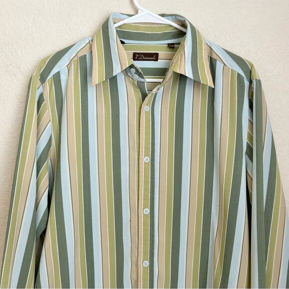 7 Diamonds Mens Button Up Shirt Medium Green Stripe Cotton Polyester Formal - Picture 3 of 10